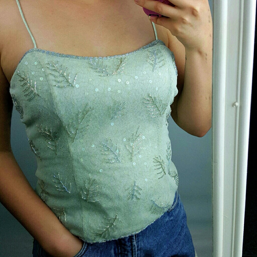 Victor Costa Beaded Mesh Sequence Top Mint Green